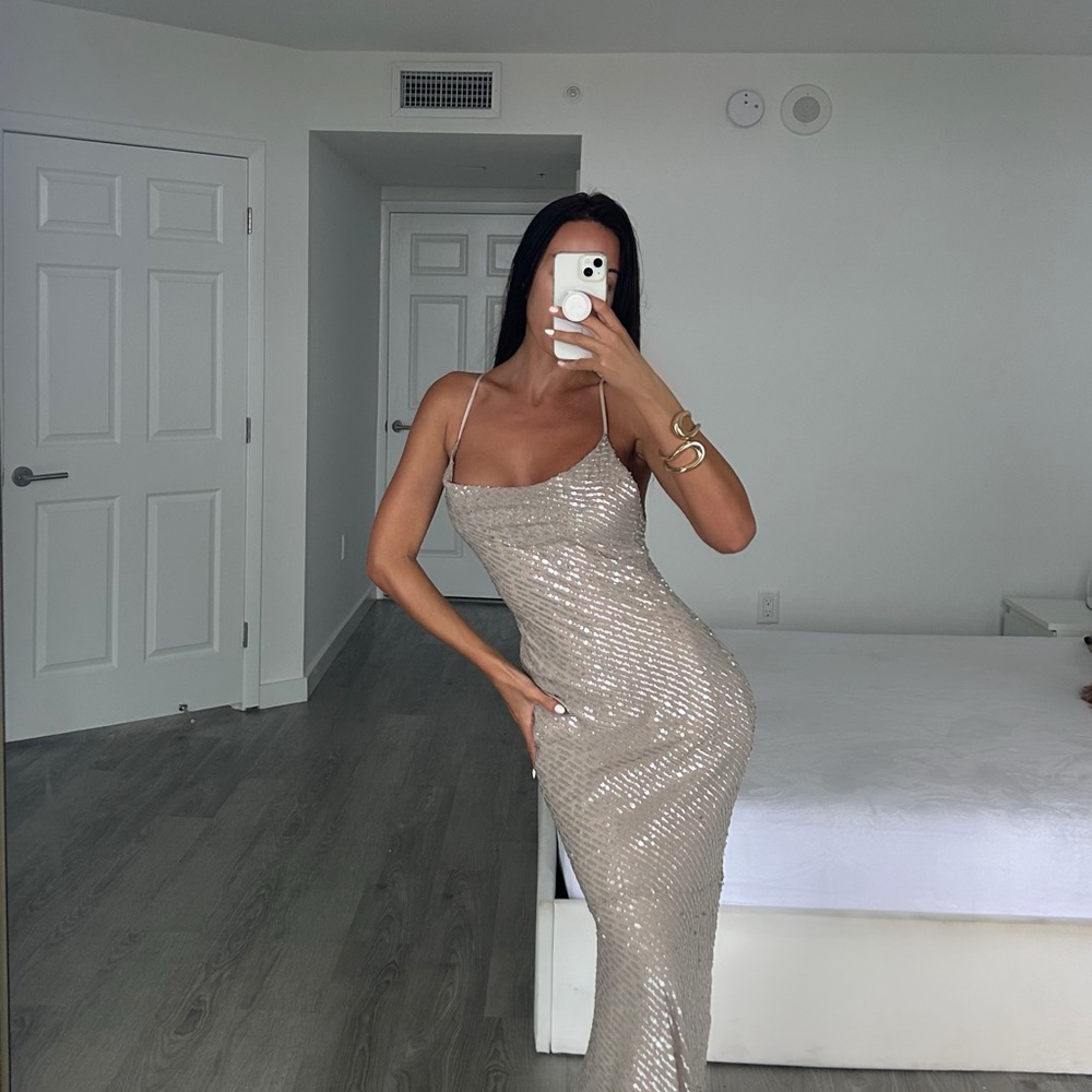 Rinascimento Shimmering Beige Maxi Dress